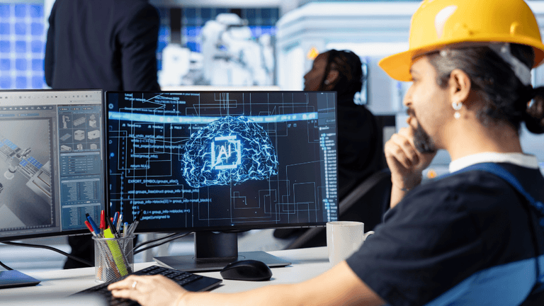 Engineer in a hard hat working on dual monitors with technical designs and data visualizations