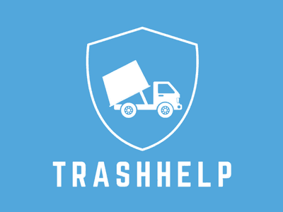 Logo for TrashHelp featuring a shield and a truck icon on a blue background