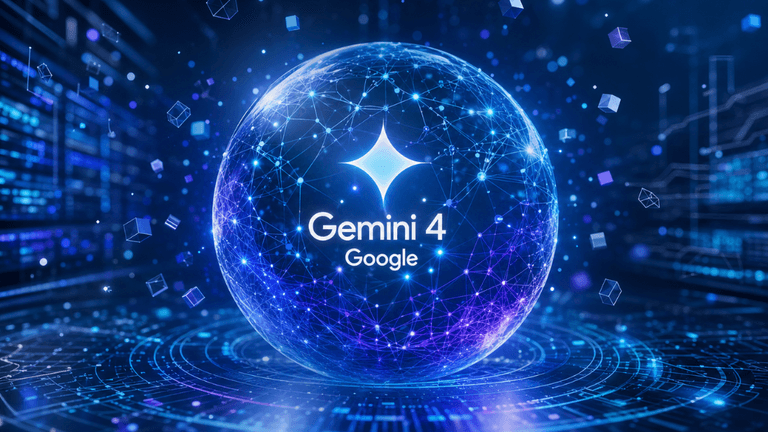 A digital sphere with geometric patterns, showcasing Google Gemini 4 branding and futuristic design