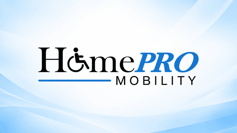 Logo for HomePRO Mobility featuring a wheelchair symbol on a gradient background.