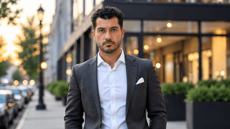 A man in a suit stands confidently on a city street during sunset