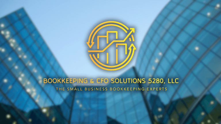 Logo of Bookkeeping & CFO Solutions 5280 LLC against a blurred glass building background