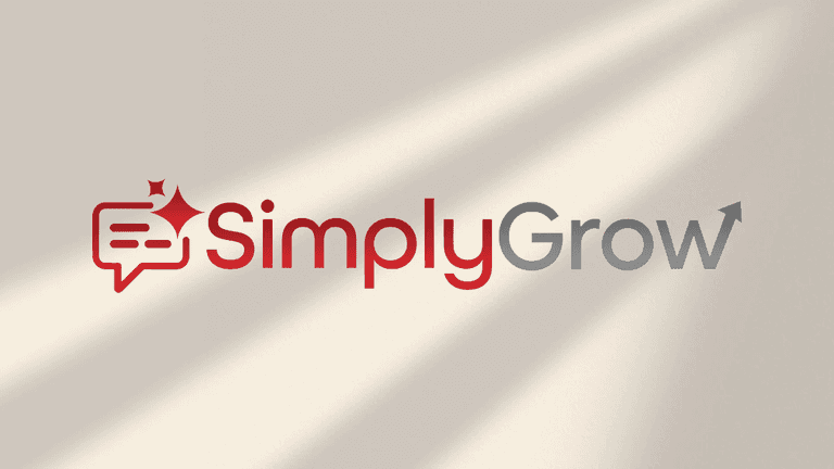 Logo of SimplyGrow featuring a chat bubble and an upward arrow design